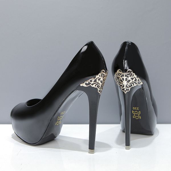 

luxury designer shoes metal flower carved patent pu leather peep toe platform high heels white nude pink black 12cm size 34 to 39