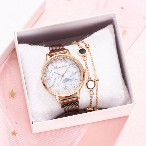 

2pcs/sae women bracelet watch deer pattern dial with ball ladies watch female clock alloy mesh belt quartz watches montre femme, Slivery;brown