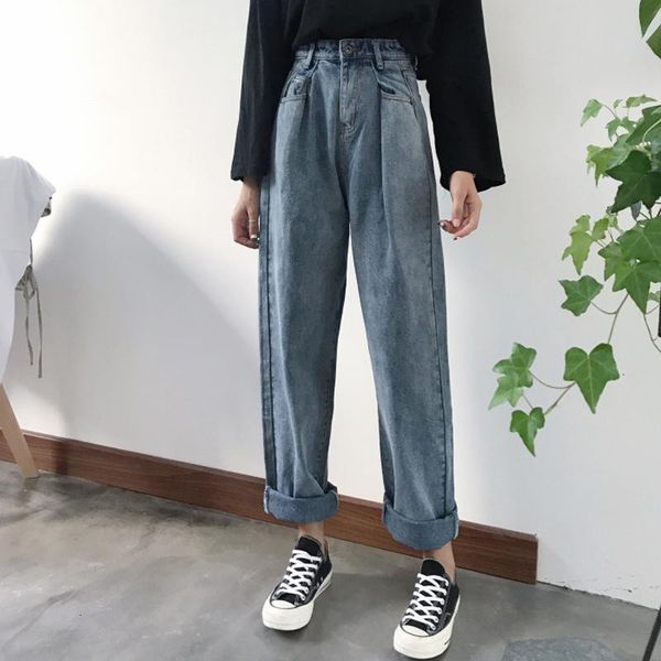

women designer pants ladies jeans loose vintage woman jeans autumn bleached casual curl denim wide leg pants oversize high waist jean, Blue