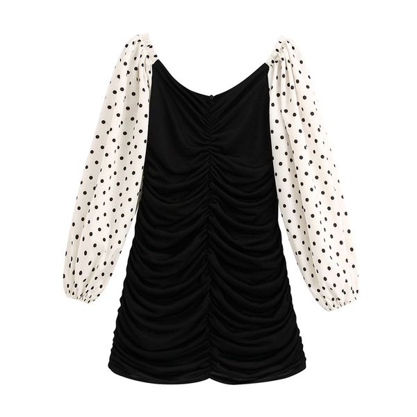 

polka dot patchwork mini dress fashion slash neck lantern sleeve stretch female dresses vestido, Black;gray