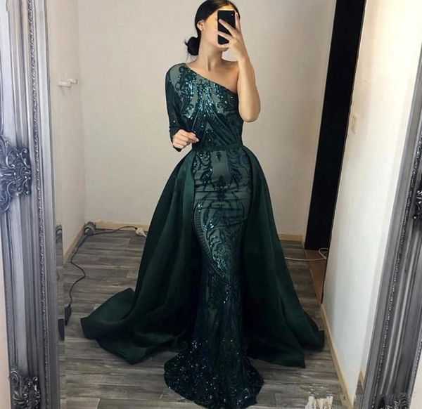 

2020 sparkly sequined mermiad вечернее платье со съемной поезд винтаж одно плечо длинные рукава пром платья партии формальное pageant платье, Black