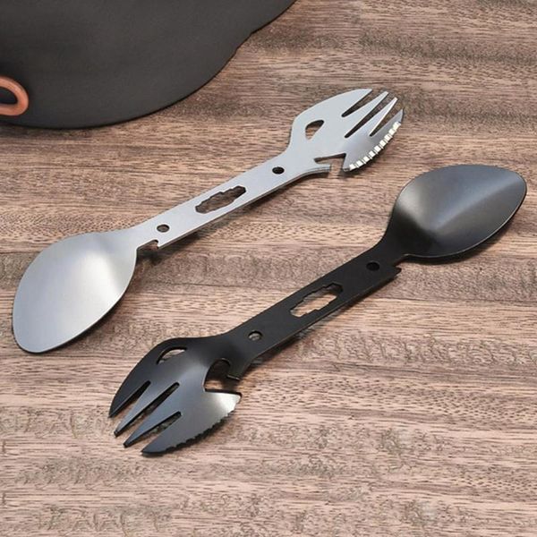 

6-in-1 spork fork spoon stainless steel harpoon survival for outdoor camping picnic fishing bbq portable open can bottle opener