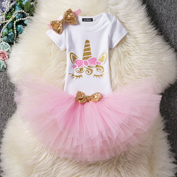 

new 2019 unicorn party newborn baby girls 1 year birthday dress infant party dress christening gown tutu kids unicorn clothes for 12 24m, Red;yellow