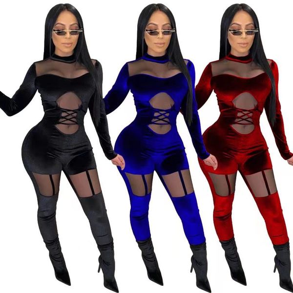 

women night clubs fashion sheer mesh jumpsuits fleece rompers casual fall winter long sleeve overalls one piece slim leggings 2332, Black;gray