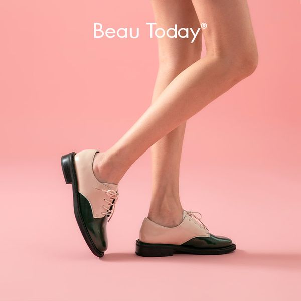 

beautoday casual shoes women oxfords genuine cow leather mixed colors round toe lace-up spring ladies derby shoes handmade 21476, Black