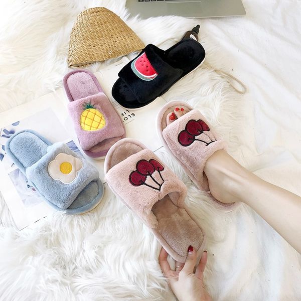 

2020 fashion new fruit wool slippers net red korean soft girl anti slip flat sole casual allaround slippers female, Black