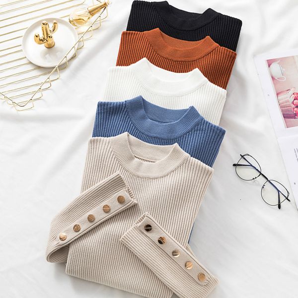 

autumn winter pure slim sweater women long sleeve knitted pullover metal buttons split cuff white women sweater pull femme, White;black