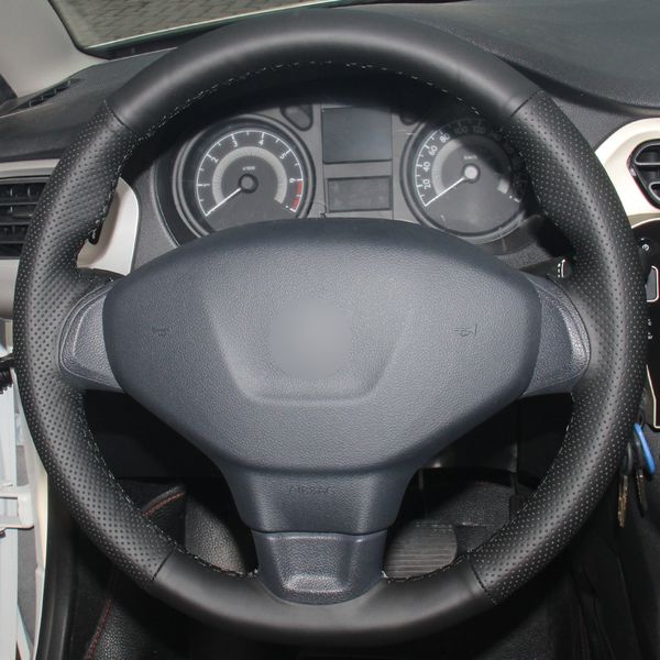

black natural leather car steering wheel cover for peugeot 301