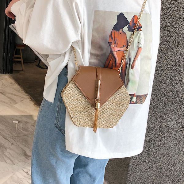 

hexagon messenger bags women's bohemian summer chain shoulder bags weaving tassel shoulder fashion irregular cross body bag