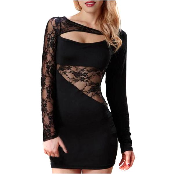 

2019 new fashion plus size women's long sleeves lace splice dress hollow out slim skinny party evening club dresses, Black;gray