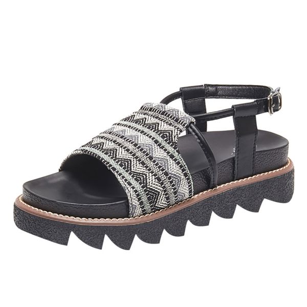 

vogue women summer wild thick-soled roman sandals buckle anti-slip sandals gingham buckle strap peep toe beach shoe may 17, Black
