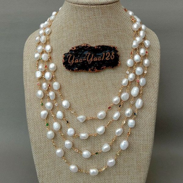 

18" 4 strands freshwater white baroque pearl multi color cz chain necklace, Silver