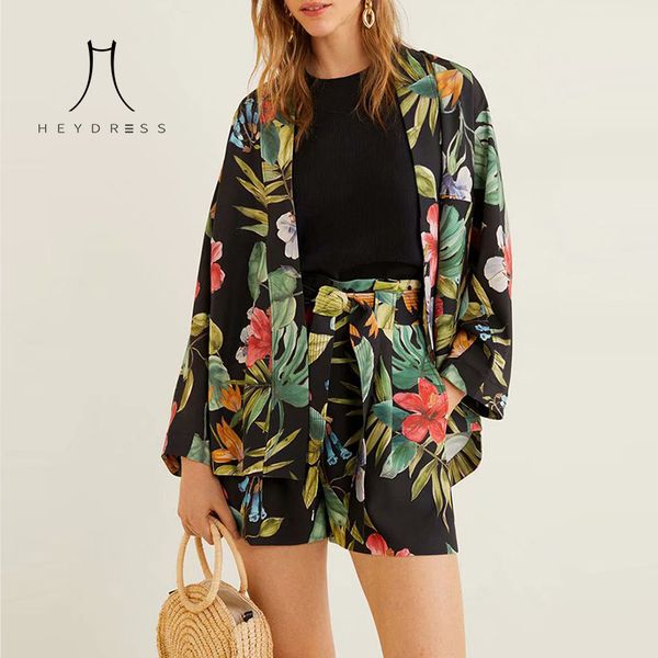 

heydress женщины печати цветочные boho blazers женские костюмы праздник повседневные пояса свободные женские наборы outwears vintage эластич, White;black