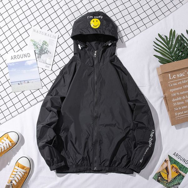 

2019 men thin hooded jackets smile face printed pullover jacket fashion tracksuit coat men hip hop streetwear jacket clothes, Black;brown
