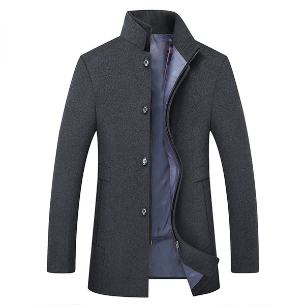 

business casual woolen coat men's mid-length stand-up collar thick woolen jacket men, Black