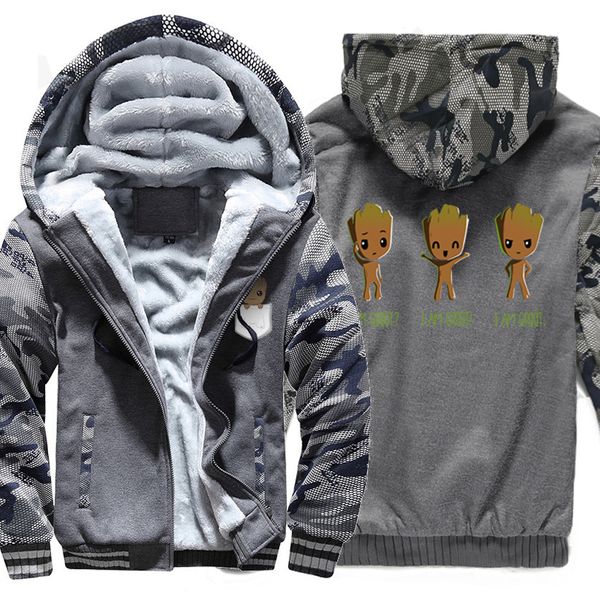 

2019 winter warm thicked hoodies i'm groot fashion men sweatshirts cute print zipper jacket streetwear camouflage sleeve, Black
