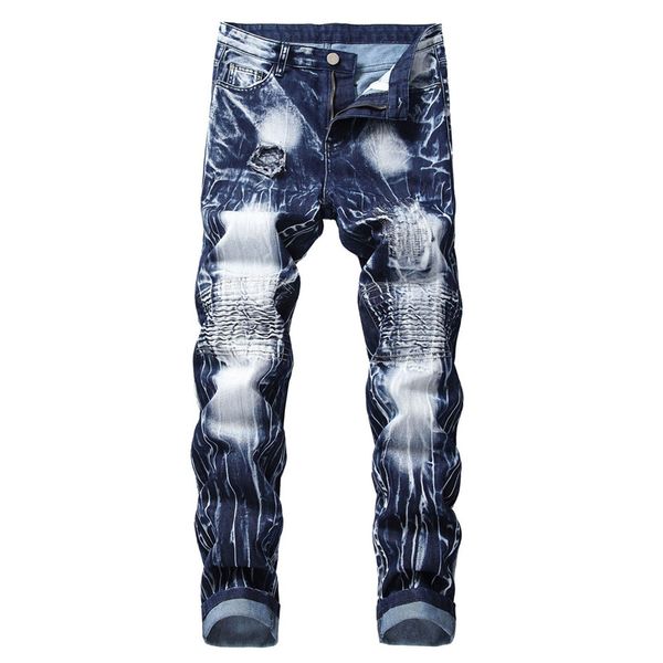 

moruancle men's hi street ripped biker jeans washed pleated distressed motorcycle denim pants trousers patchwork size 28-40, Blue