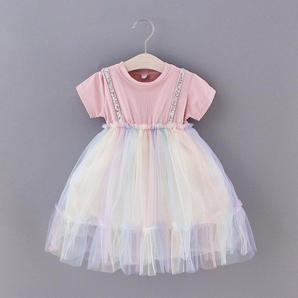 

baby girl summer dress toddler baby girls short sleeve rainbow tulle princess dress new born clothes casual daily, Red;yellow