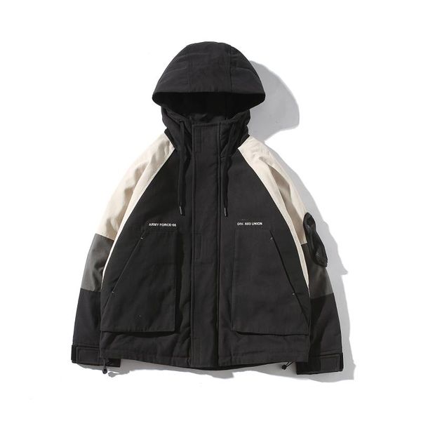 

19 winter new japanese style mix and match color hooded letter printing and splicing coat trend down jacket for men, Black
