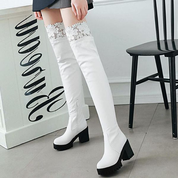 

jouir talons trendy new dropship woman shoes women leisure lace square high heels platform over the knee boots female, Black