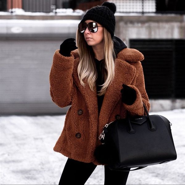 

women casual faux fur coat female 2018 autumn winter elegant loose warm soft outwear zipper teddy overcoat jacket, Black