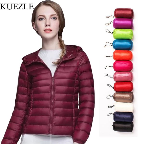 

parka down jacket women hooded 95% duck down coat ultra light warm large size female solid portable stand collar jackets, Black