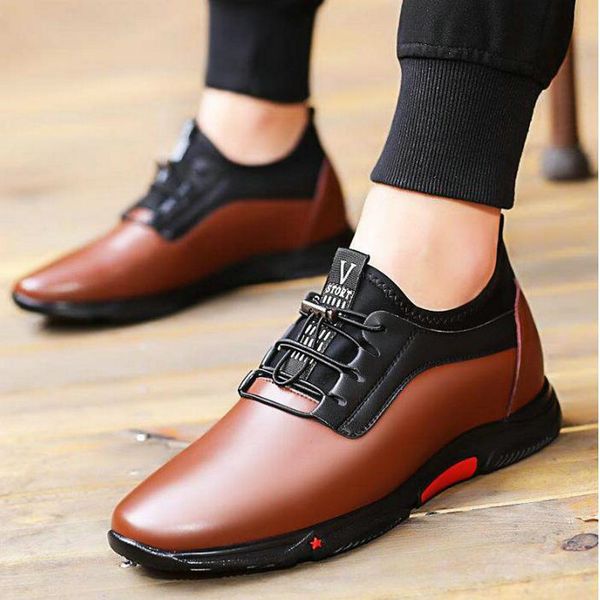 

fashion band casual sneakers men luxury platform elevator shoes brown black leather elastic height increasing flats shoes a52-08