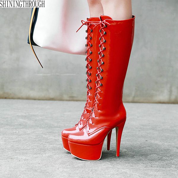 

new 14cm super high heels knee high boots woman rouned toe platform black white red lace up ladies boots party shoes woman