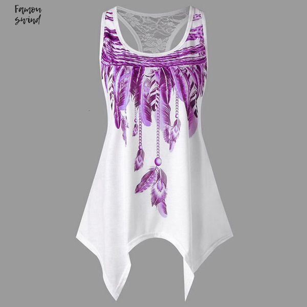 

plus size summer t shirt sleeveless women lace feather print 5xl lace patchwork tee shirt female casual tunic t shirt, White