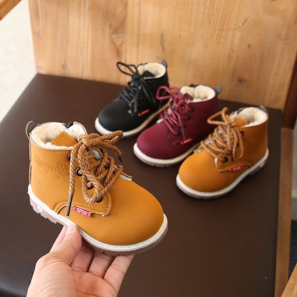 

baby boys lace-up zipper shoes for kids baby winter anti-slip outdoor boot children casual plus velvet shoes leather boots h, Black;grey