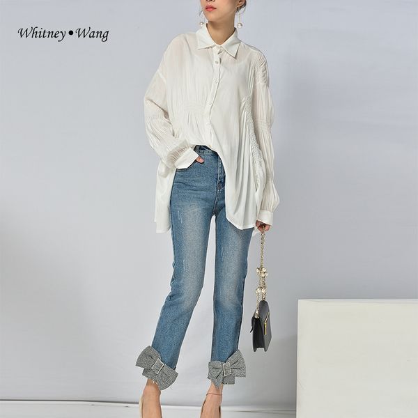 

whitney wang 2020 spring fashion streetwear shimmer bow cuff patchwork jeans women stylish denim pants plus size 5xl, Blue
