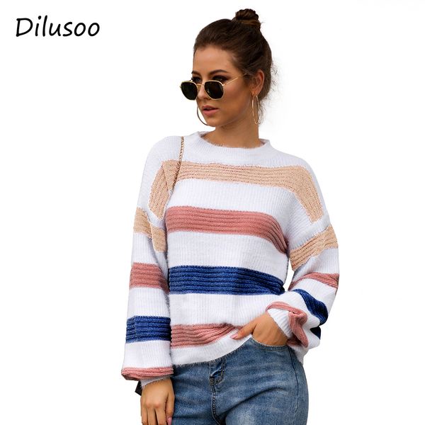

dilusoo stripe patchwork knitted sweater women pullovers full sleeve short loose sweaters female casual autumn winter sweater, White;black