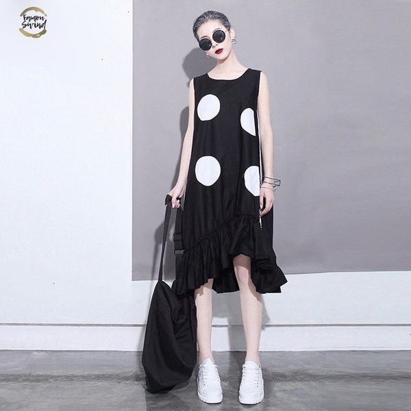

new 2019 summer women black sun dress large dots patches sleeveless ruffles hem straight sundress lady cute midi tank dress 1193, Black;gray