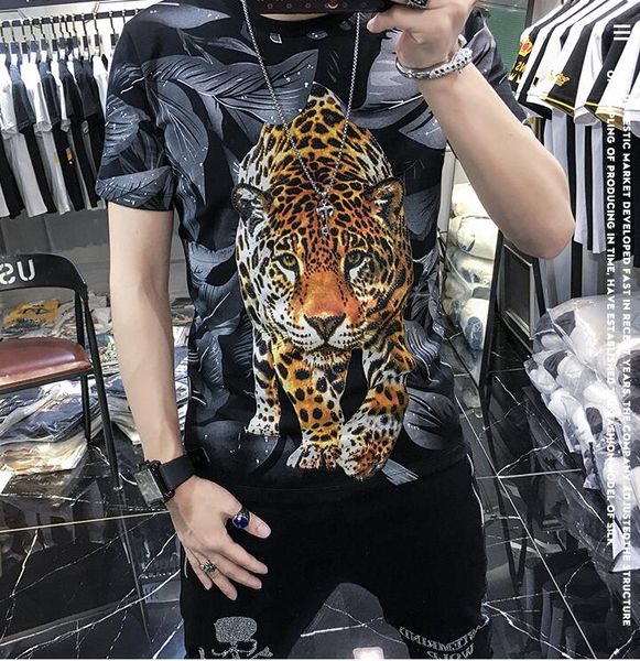 

european standing tiger head short sleeve t-shirt men's fashion personality half sleeve 2020 summer new men's diamond t-shirt 02, White;black