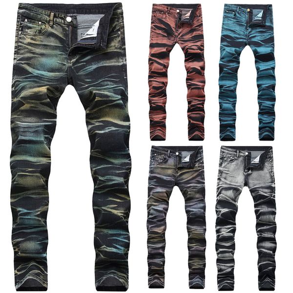 

men's jeans fashion men skinny frayed stretchy denim pant long trouser ripped, Blue