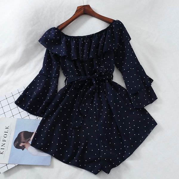 

women slash neck flare sleeve polka dot rompers jumpsuits casual slim high waist lace up bandage ruffles chiffon party playsuits, Black;white