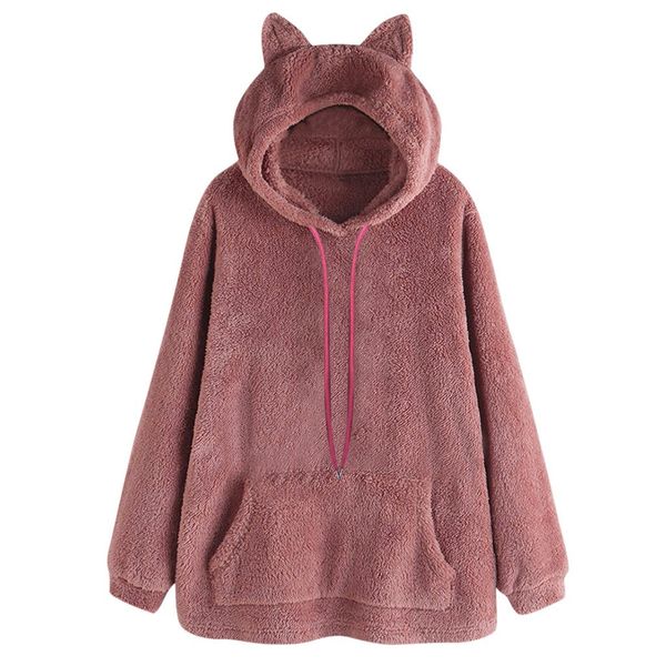 

plus size sweatshirt women sweet cat hoody fleece jackets winter warm solid soft pockets plush pullover girl kawaii hoodies top, Black