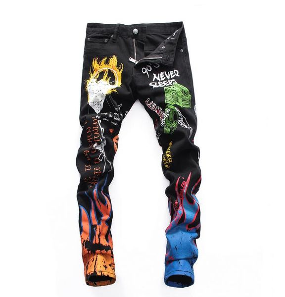 

2019 мужская печать панк джинсы граффити дизайнер мужские джинсы известного бренда slim fit моды байкер джинсовые брюки, Blue