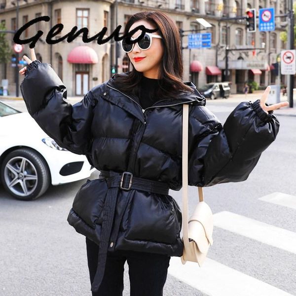 

genuo new 2019 winter slim hooded duck down jacket coats sashes women fashion short design thickening warm bread snow outwear, Black