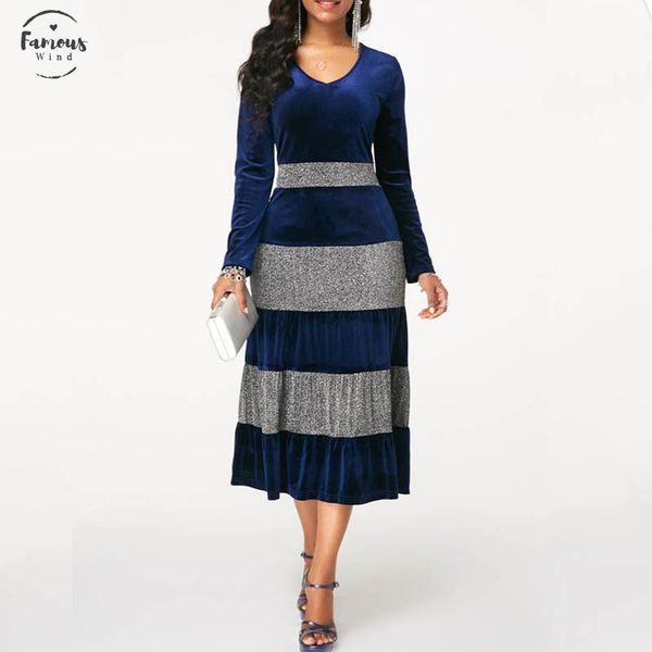 

2020 fashion women autumn winter plus size velvet dress elegant party sequin patchwor dress ruffle 3 color midi dresses, Black;gray