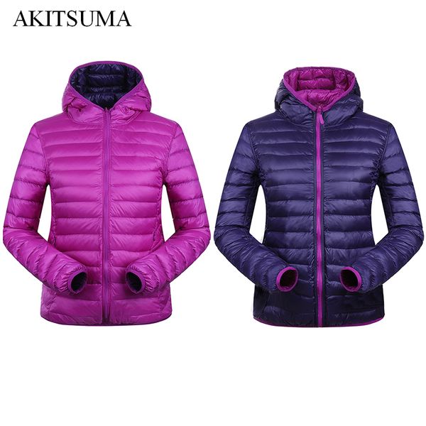 

90% winter duck down jacket women hooded ultra light down jackets reversible two side wear women jacket winter coat akitsuma, Black