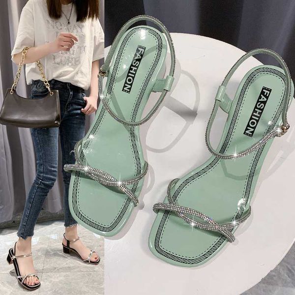 

high-heeled shoes lady woman's slippers glitter slides med fashion cross-tied shose women heels 2020 jelly square summer, Black