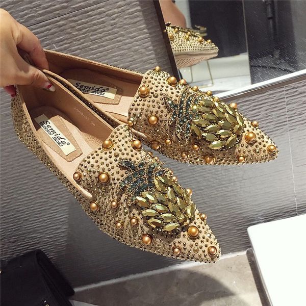 

rivets studs pointed toe shoes woman flats casual female sneakers 2019 fashion women's crystal soft dress modis rhinestone boat, Black