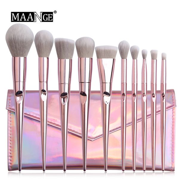 

10pcs makeup brushes set plated crooves conical handle big powder foundation brush blusher blush make up tools with shiny pu bag