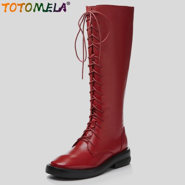 

totomela 2020 new full genuine leather boots women zip square heel solid color lace up knee high boots female winter botas, Black