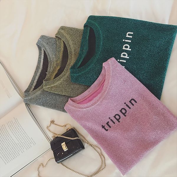 

good quality letter bright silk round collar short sleeve good quality letter bright silk round collar short t-shirt sleeve t-shirt top, White