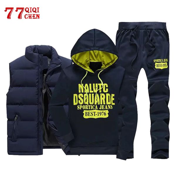 

3 pieces set men winter thicken warm tracksuit hooded fleece hoodies+zipper vest+sweatpants track suit man print sportswear coat, Gray