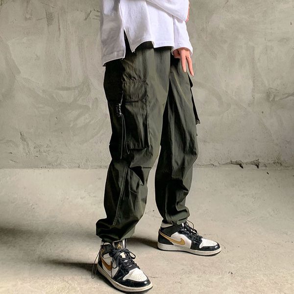 

2020 spring and summer new youth popular men's loose ins multi-pocker overalls fashion high waist was thin casual pants, Black