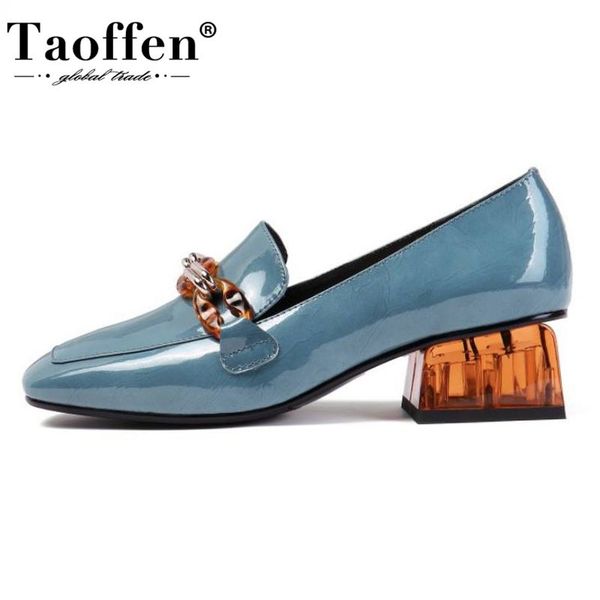 

taoffen women pumps genuine leather fashion square toe office lady thick heel shoes woman casual daily footwear size 34-42, Black