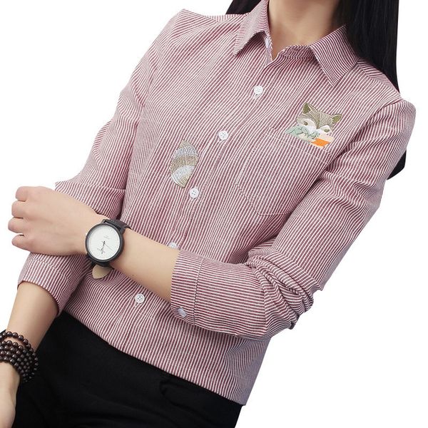 

women women blouses embroidery fox long sleeve and shirts red grey beige female ladies casual shirt stripe long sleeve blouse, White